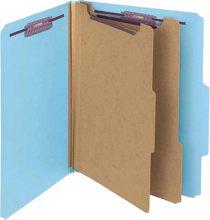 Smead PressGuard Classification File Folder with SafeSHIELD Fasteners, 2 Dividers, 2" Expansion, Letter Size, Blue, 10 per Box (14204)