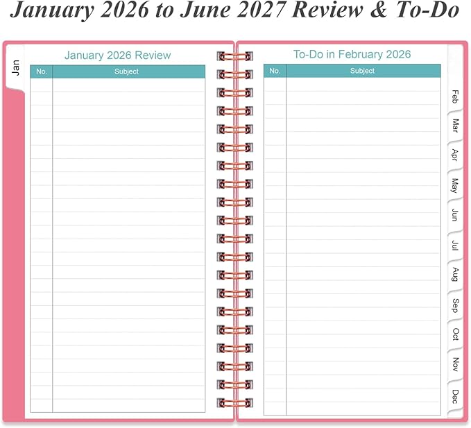 2026-2027 Monthly Planner - January 2026 - June 2027, Two Pages Per Month, 18 Monthly Calendar/Planner with Tabs, Strong Twin-Wire Binding, Inner Pocket, 3.75" x 6.5", Pink
