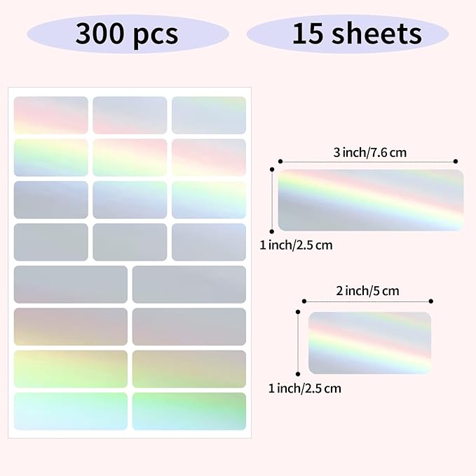 Holographic Label Stickers Writable Holographic Silver Gift Labels, Matte-Self Adhesive Silver Labels Stickers for Essential Oil Bottle, Jars, Food Storage or Gift Decoration (2 Size, 300 Sheet)