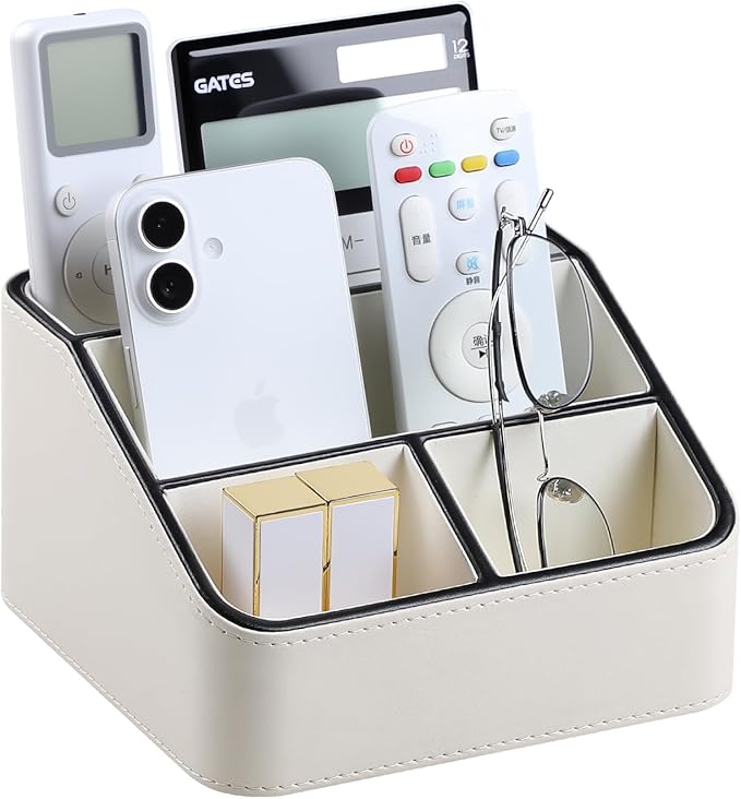 Remote Control Holder, PU Leather Small Desk Organizer with 4 Compartments, Nightstand Organizer Desk Caddy for Remote, Notepad, Phone, Glasses, and Accessories (Cream)