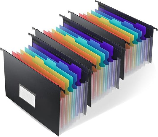 7 Pockets Expanding Hanging File Folders with Elastic Rope, Filing Cabinet Organizer with 1.2" Expansion, Drawer Folders Inserts with Tabs, Portable Dividers for Home Office School, A4 Size 3 Pack