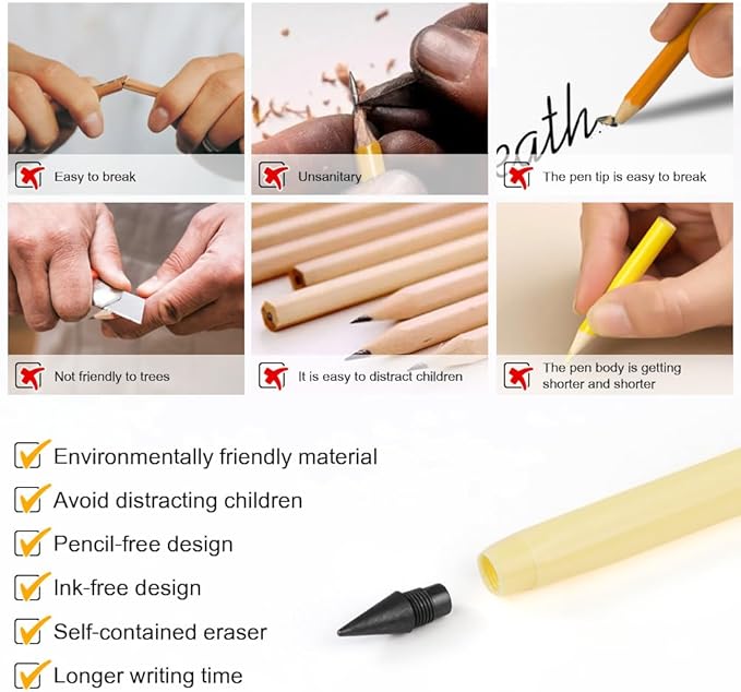 OFFCUP Infinity Pencil, 10PCS Inkless Pencils Forever Pencil with Eraser, Including 10 Replaceable Nibs, 20 Erasers Reusable Everlasting pencil Magic Pencils for Writing Art Sketch Painting Tool