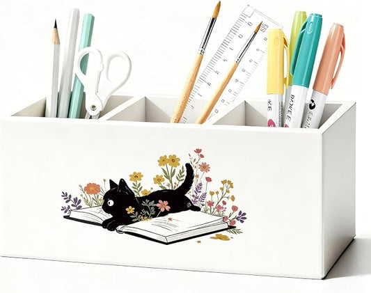 Black Cat Pen Holder, Book Lovers Reader Gifts Pencil Holder for Desk, Black Cat Lovers Gifts for Women, Floral Book Wooden Box Sign Decorations for Reading Room Corner Nook Desk Tabletop