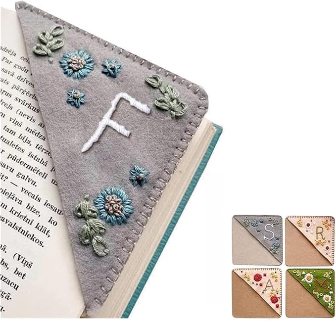 Personalized Hand Embroidered Corner Bookmark, 26 Letters Cute Flower Embroidered Corner Bookmark Embroidery Book Marker Clip for Book Lovers Bookmarks for Reading Lovers Meaningful GIF (Winter, F)