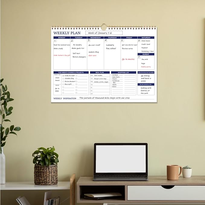 Large Weekly Planner - 17" x 12" Spiral Weekly Calendar, 52 Weekly Goals Schedule Planner for Planning and Organizing Family Activities, Meal Tracker, Undated