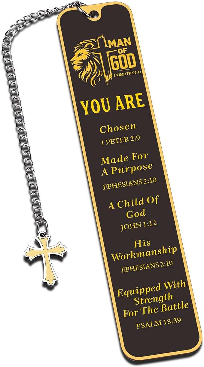 Christian Bookmark for Men, Inspirational Lion Bible Verse Bookmark with Cross Pendant, Religious Scripture Verse Bookmarks for Man Accessories Church Fathers Day Baptism Easter for Pastor Men