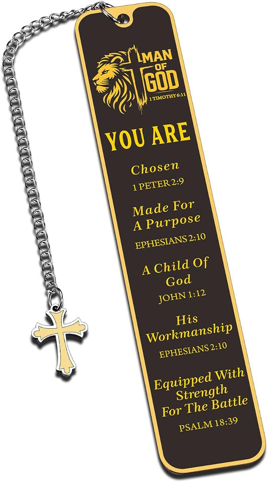 Christian Bookmark for Men, Inspirational Lion Bible Verse Bookmark with Cross Pendant, Religious Scripture Verse Bookmarks for Man Accessories Church Fathers Day Baptism Easter for Pastor Men
