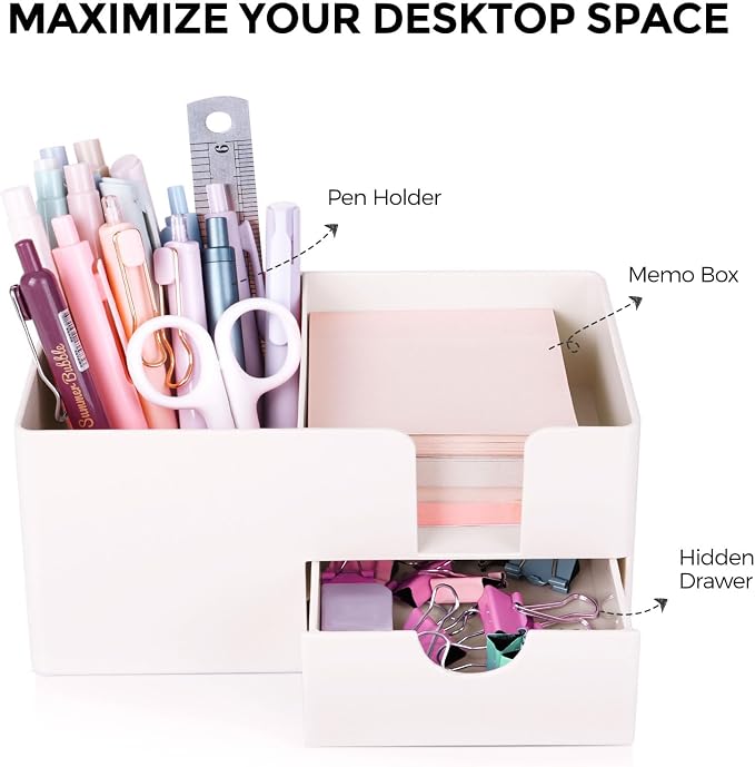 SKYDUE Small Desk Organizer with Drawer | 3 Compartments, Desk Pen Holder, For Home, School, Classroom & Office