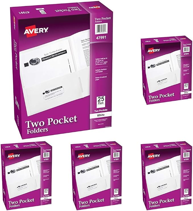 Avery Two Pocket Folders, Holds up to 40 Sheets, Business Card Slot, 25 White Folders (47991) (Pack of 5)