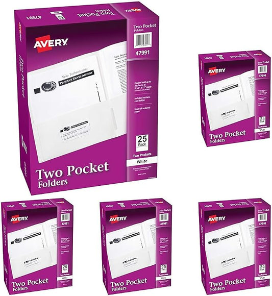 Avery Two Pocket Folders, Holds up to 40 Sheets, Business Card Slot, 25 White Folders (47991) (Pack of 5)