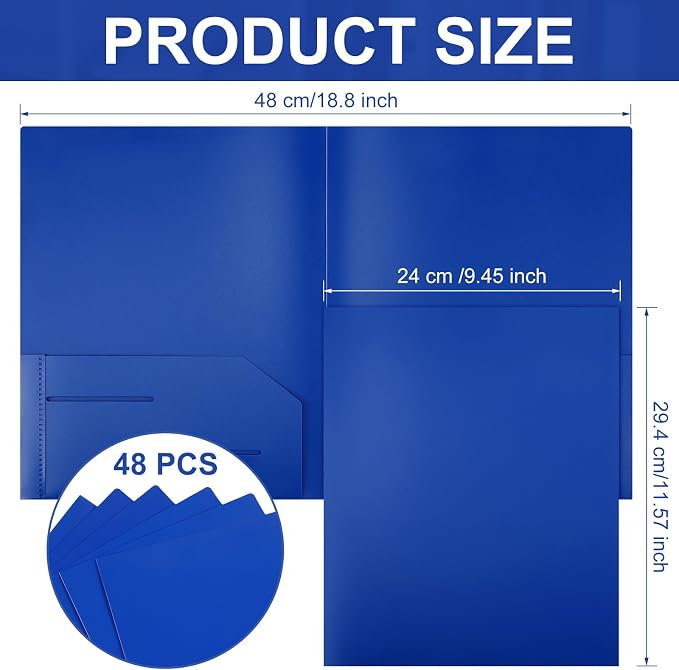 Fulmoon 48 Pack Plastic Folders with 2 Pockets Bulk 11 x 9 Inch Heavy Duty File Pocket Folders and 4 Card Slots Fit Letter Size Paper Cards for Back to School Office Home Supply(Blue)