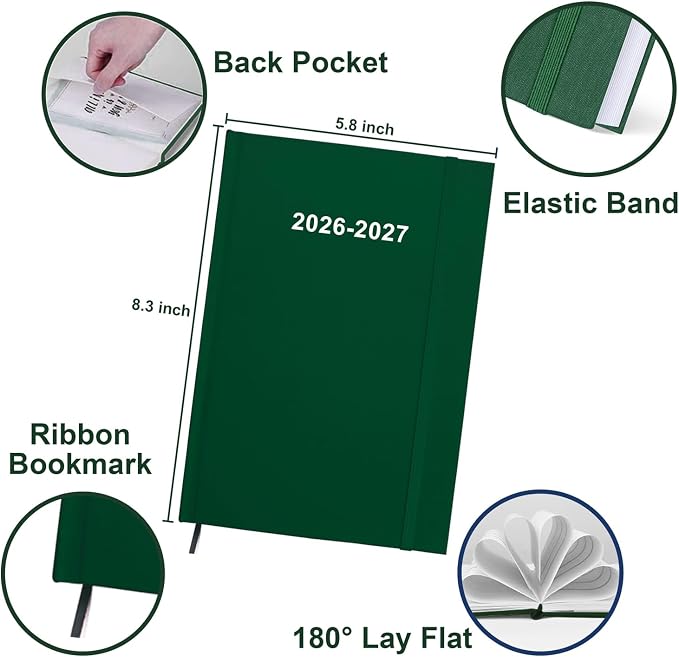 2026-2027 Planner - Weekly & Monthly Planner from July 2026 to June 2027, 5.8'' × 8.3'' Agenda 2026-27 with Inner Pocket, Elastic Band, Hard Cover, Perfect Daily Organizer, Green