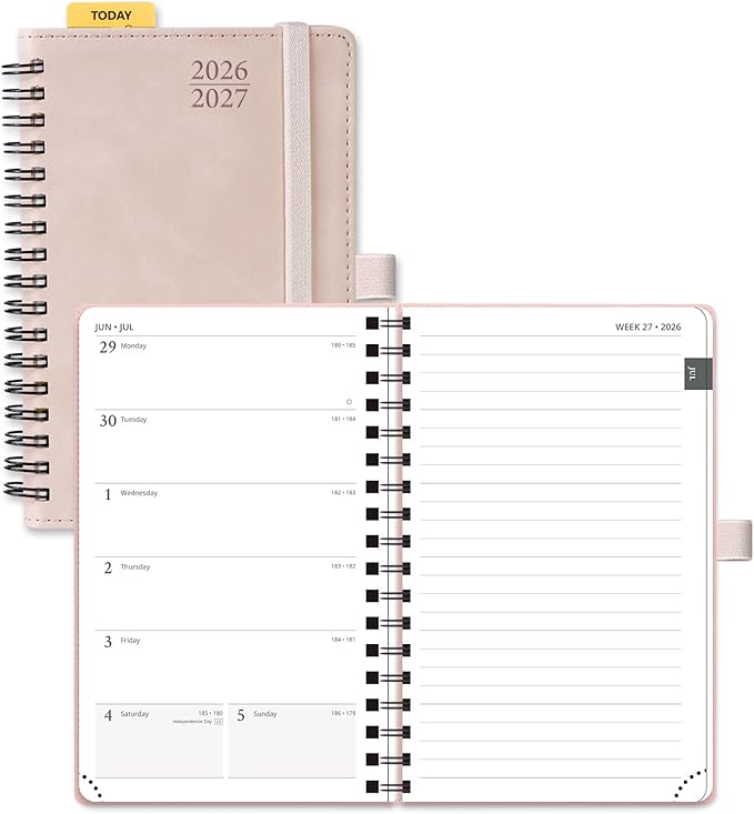 POPRUN Pocket Planner 2026-2027 (JUL 26-JUN 27), Purse Size 4" x 6.25", Small Pocket Calendar for Purse, Academic Weekly and Monthly Calendar with Ruler, Spiral Softcover, 100GSM - Pink