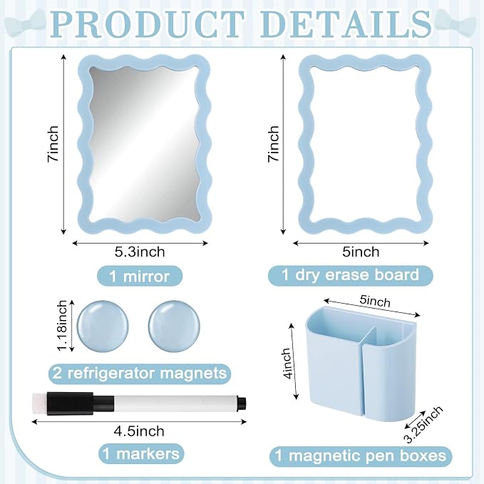 Jingmore Scalloped Magnetic Locker Accessories Kit Blue Back to School Essentials 6 Pieces Includes Whiteboard Mirror and Organizing Supplies Cute Locker Organizer Decoration for School