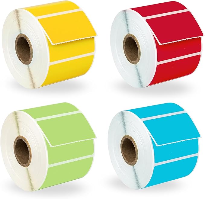 HOUSELABELS 2.25" x 1.25" Red, Blue, Yellow, Green Address Labels on 1" Core Compatible with Zebra and Rollo Printers, 16 Rolls / 1,000 Labels per Roll