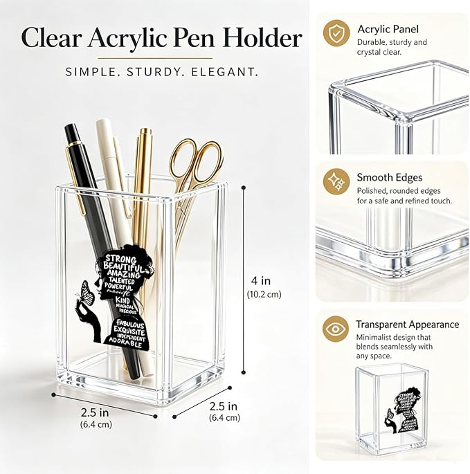 Inspirational Acrylic Pen Holder for Desk Strong Beautiful Amazing Woman Quote Clear Makeup Brush Holder Aesthetic Office Decor & Desktop Organizer, Motivational Gift for Women, Girl Boss