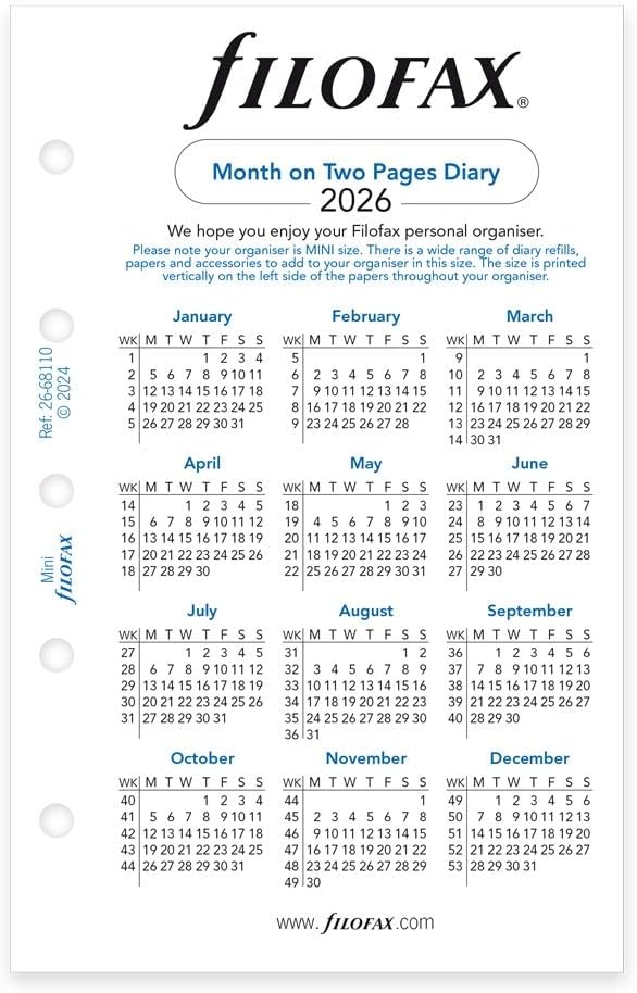 Filofax Calendar Diary Refill, Mini Size, Week on One Page with Notes, White Paper, Unruled, Multilingual: Four Languages, 2026 (C68109-26)