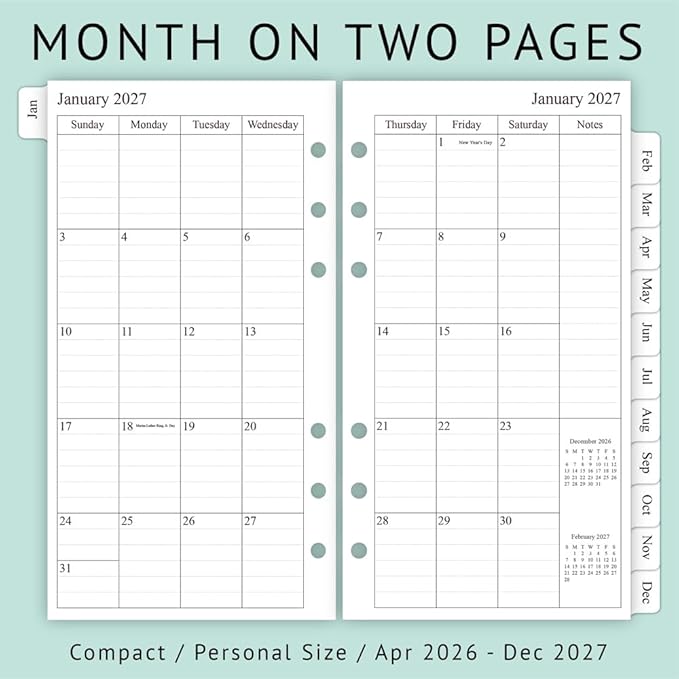 newestor 2026-2027 Planner Refill, Monthly, 3-3/4" x 6-3/4", Apr 2026 to Dec 2027, Personal/Portable Size