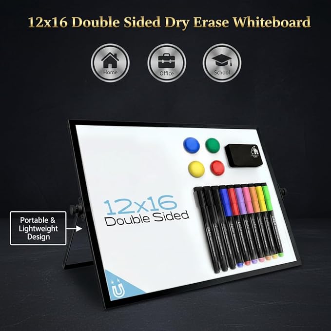 12x16 Magnetic Dry Erase Whiteboard with Stand – Double-Sided Desktop Board, 10 Markers, 4 Magnets & Eraser – Black Frame | LULU OFFICE