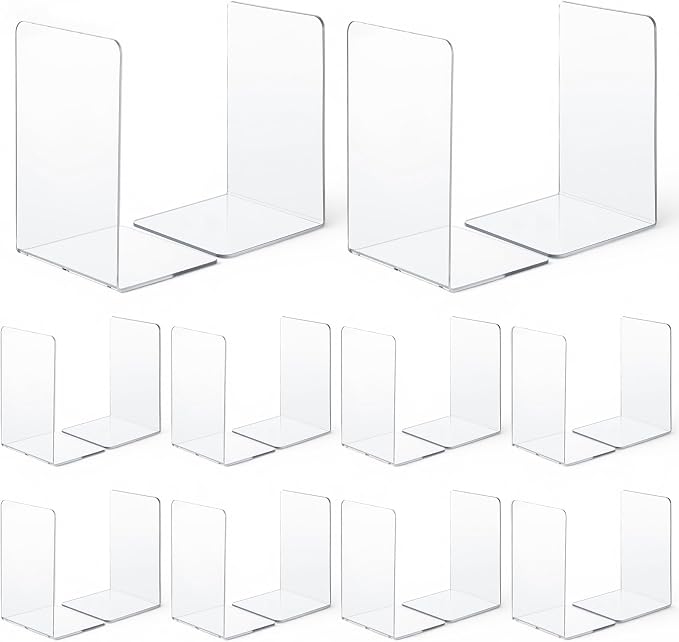 20 Pieces Book Ends, Clear Acrylic Bookends for Shelves, Heavy Duty Book Holders, Non Skid Decorative Bookends for School, Library, Bedroom, Office