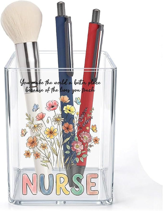 Cute Floral Nurse Acrylic Cosmetic Pencil Pen Holder Cup Gifts for Nurse Women Nursing Student RN LPN CNA MA NP Decor for Home Office Desk Vanity Organizers and Accessories