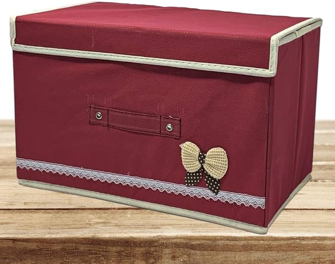 Storage Boxes Set of 3, Foldable Red Utility Bins with Lids and Handles, Collapsible Fabric Storage Baskets for Shelves, Closets, Toys, Crafts, Office Supplies, Dorms, Bedrooms, 14.25"W x 9.25"H