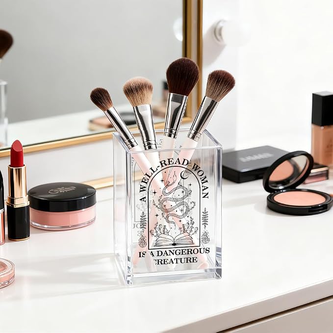 A Well-read Woman Is A Dangerous Creature Acrylic Pen Holder Makeup Organizer, Funny Pencil Pen Holder for Desk, Desk Accessories for Women Librarian Bookish Teacher, Feminist Book Lover Gifts