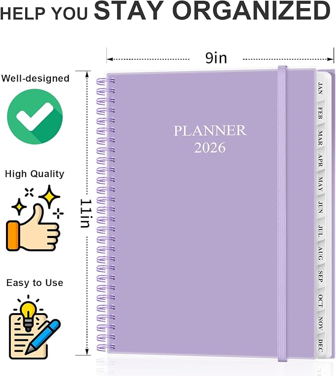 Planner 2026 - Weekly & Monthly Planner from January 2026 to December 2026, Agenda 2026 with Inner Pocket, Elastic Band, 8.5" x 11", Purple