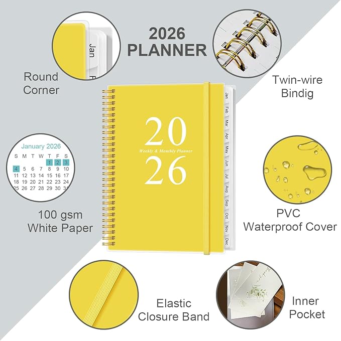 2026 Planner - Weekly & Monthly Planner Spiral Bound, Planner 2026 from January 2026 - December 2026 with Monthly Tabs, Inner Pocke, 8.5" x 11", Yellow