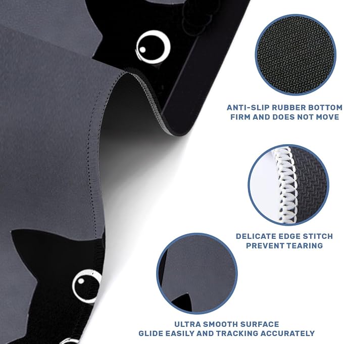 Kawaii Black Cats Desk Mat 35.4 x 15.7 Inches Minimal Black Cat.jpg Gaming Mouse Pad with Non-Slip Rubber Base, Smooth Cloth Surface Desk Keyboard Mat for Computer, PC, Laptop, Desktop
