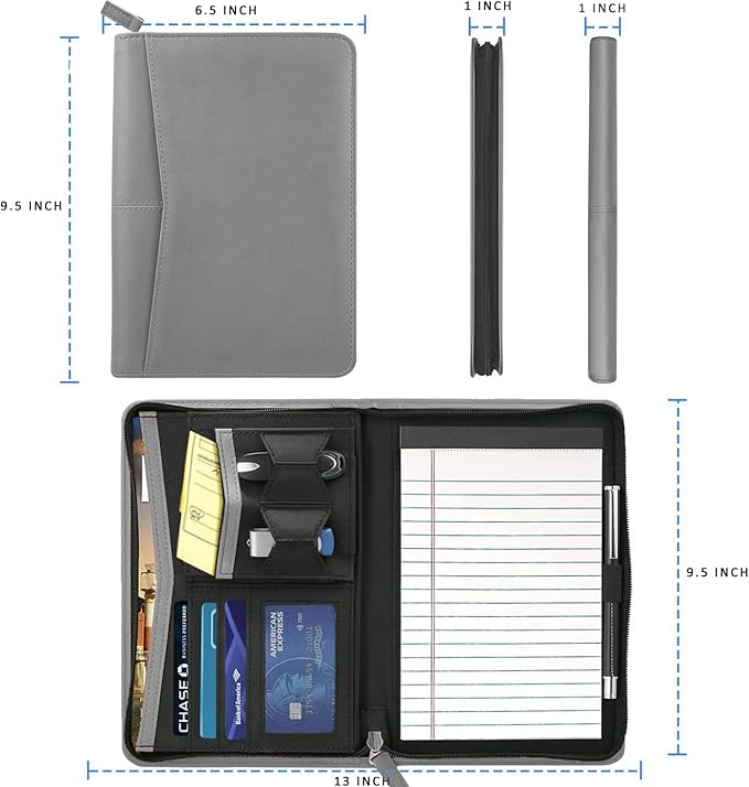 Junior Padfolio Portfolio with 5 x 8 Writing Pad, A5 Business Portfolio Binder Folder Organizer Multi-Function Combination Case for Men Women, Gray