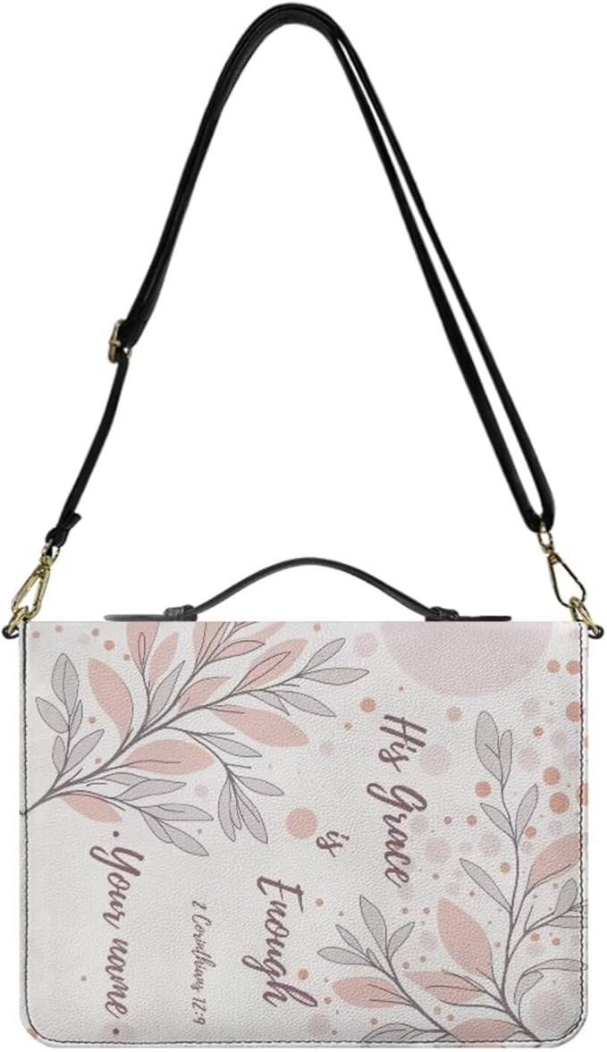 Personalized Bible Case for Women, Extra Large Bible Cover Case with Name, II Corinthians 12:9 Book Carrier with Strap Handle Inner Pockets and Pen Loop,Biblia Accessories Women, White