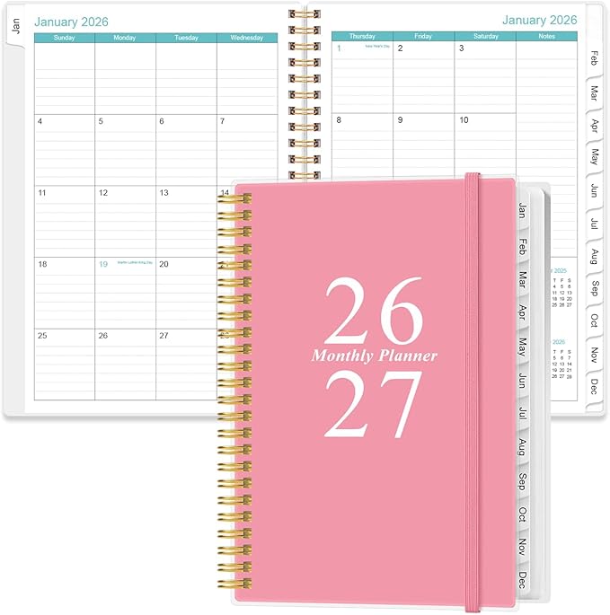 2026-2027 Monthly Planner - January 2026 - June 2027, Two Pages Per Month, 18 Monthly Calendar/Planner with Tabs, Inner Pocket, 6.4" x 8.5", Pink