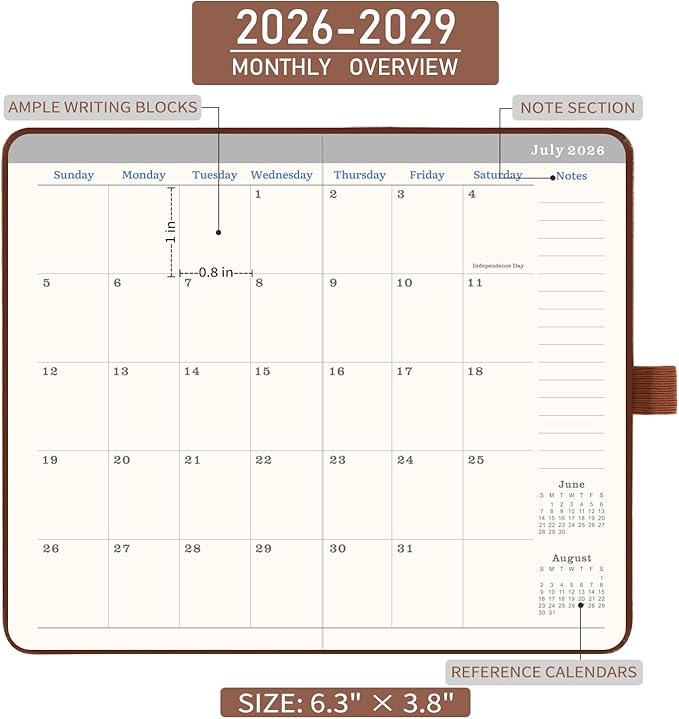 2026-2029 Monthly Pocket Planner - JUL 2026 - JUN 2029, 3 Year Calendar, Faux Leather Cover, 3.8" × 6.3", Pen Holder, 2 Bookmarks, Back Pocket
