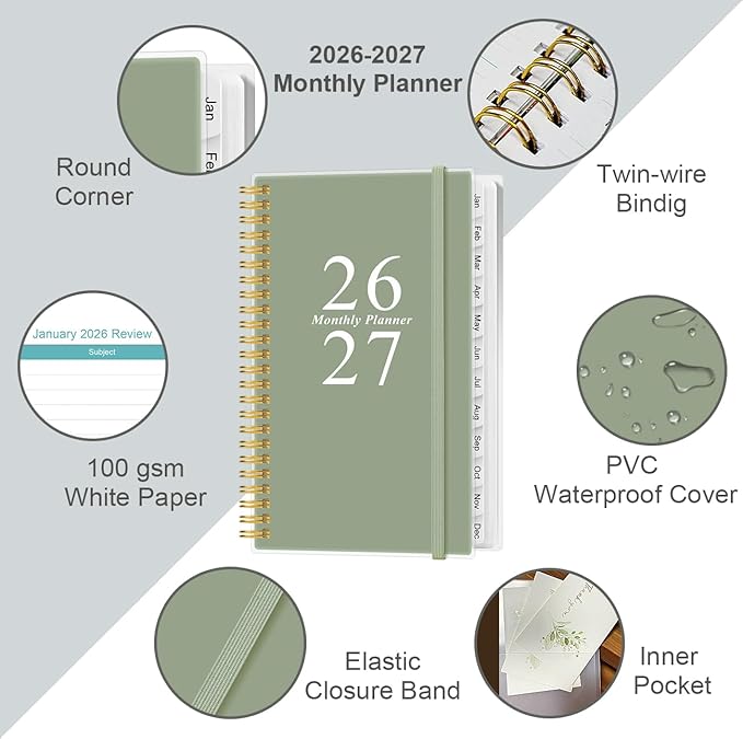 2026-2027 Monthly Planner - January 2026 - June 2027, Two Pages Per Month, 18 Monthly Calendar/Planner with Tabs, Strong Twin-Wire Binding, Inner Pocket, 3.75" x 6.5", Green