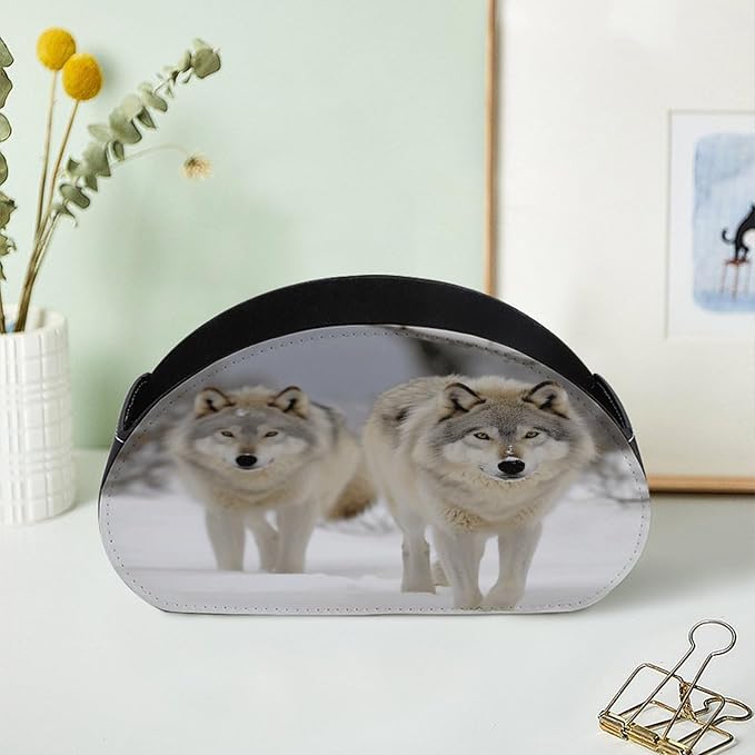 Remote Control Holder,Two Wolves Walking in The Snow Printed PU Leather Remote Caddy Desktop Organizer with 5 Compartments for Media Accessories & Office Supplies Storage
