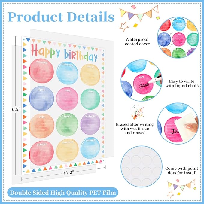 D24TIME Birthday Chart for Classroom - 16.5''x11.2'' Watercolor Happy Birthday Posters Calendars Class Bulletin Board Decorations Posters for Back to School Teacher Supplies