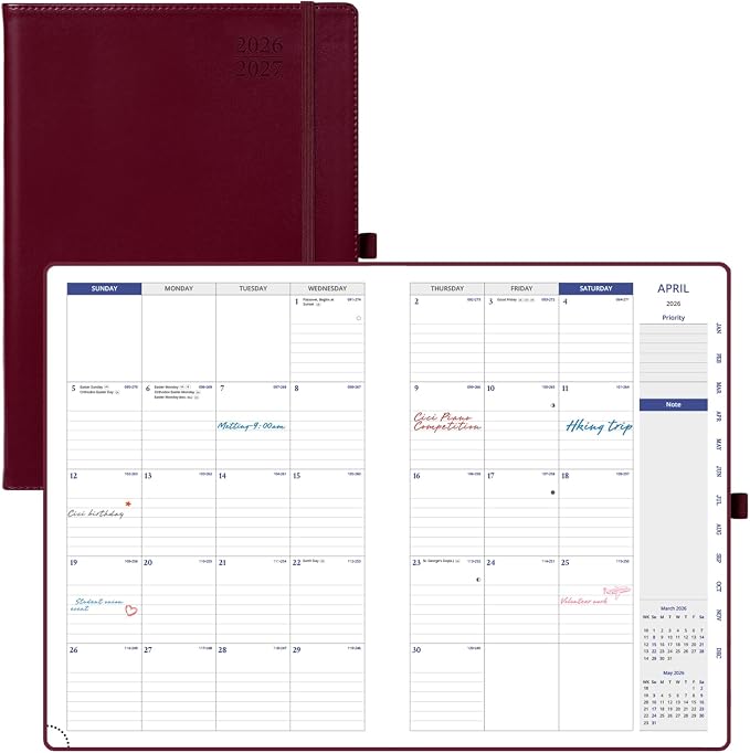 POPRUN Monthly Planner 2026-2027, 8.25" x 11.75" Large Calendar Planner, 16 Months (Apr 2026 - Jul 2027) Monthly Calendar & Appointment Book with Stair Tabs, Inner-pocket, Pen Holder, PU Leather - Burgundy