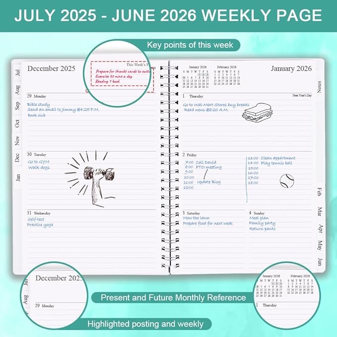 2025-2026 Weekly & Monthly Planner - 2025-2026 Planner from July 2025 to June 2026, Easy to Organize Your Daily Life, Medium 6.5" x 8.5", Teal