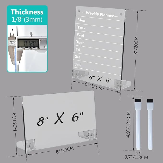 2PCS Clear Acrylic Weekly Dry Erase Board Desktop, 8x6 Small Magnetic Whiteboard with Stand for Table Calendar Memo Board for Fridge, Office, School, Home