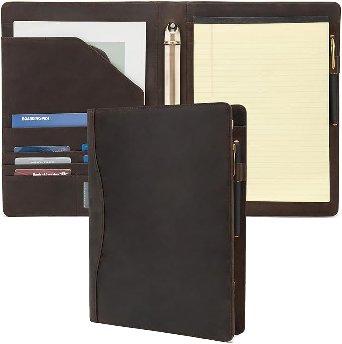 Genuine Leather 3 Ring Binder, 8.5 x 11 Letter Size Folio with Pen Holder, Soft Notebook Portfolio Cover, Slim Notepad Padfolio Thin File Organizer for Work Executive Meeting, Dark Khaki