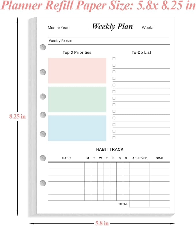 Weekly Planner Refills for 3 or 7 Ring Mini Binders - 53 Sheets/106 Pages Undated Colorful Weekly Planner, 100 gsm White Paper, Lasts 1 Year, Undated, 5.8" x 8.3"