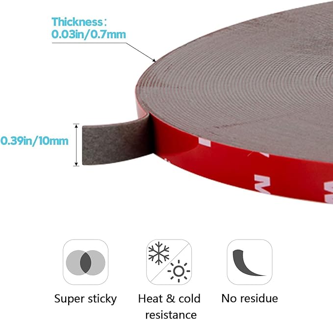 Papillon Double Sided Foam Tape Heavy Duty, Waterproof Adhesive for LED Strips, Home & Office Decor (108Ft x 0.39In, Black)