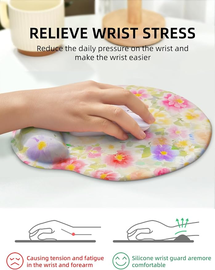 Lily Floral Mouse Pad Wrist Support Wrist Rest, Flower Ergonomic Mouse Pad with Non-Slip Base for Office Gaming Working Computers,Desk Accessories Pain Relief Mouse Mat, Colorful