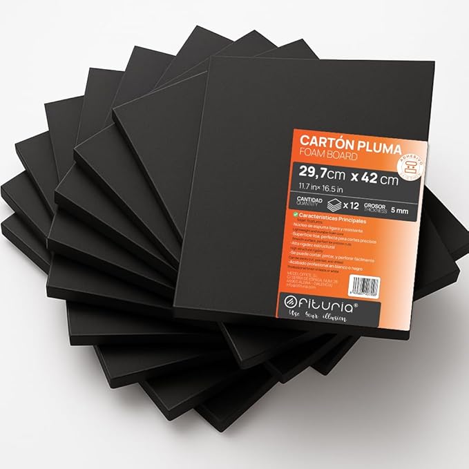 OFITURIA Foam Board Black A3 Adhesive (29.7 x 42 cm) Pack of 12 Expanded Polystyrene Plates Lightweight and Rigid, Foam Board Versatile and Cuttable for Crafts and Models, 5 mm
