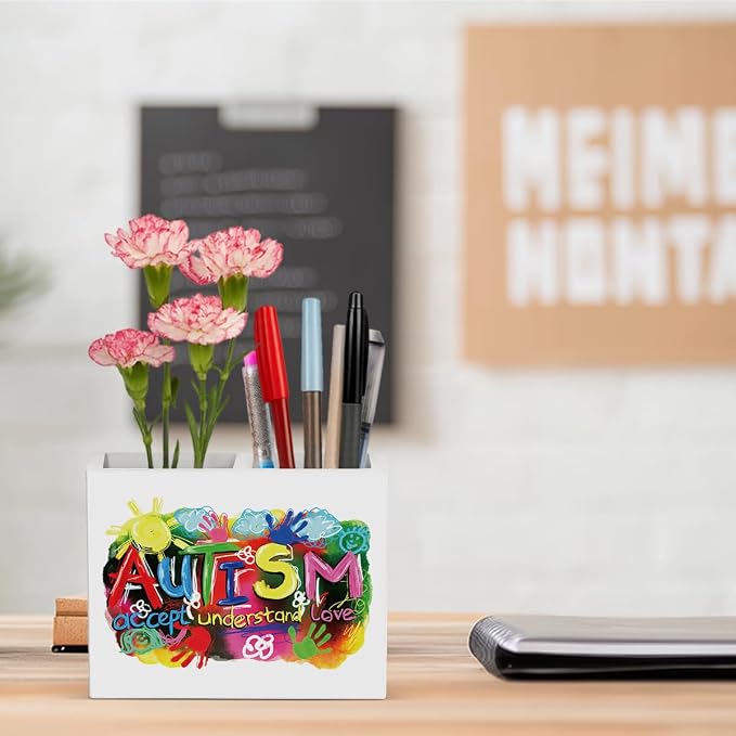 Autism Pencil Holder Decor Education Teacher Gifts for Office SPED Teachers Gift Autism Awareness Wooden Organizer Vase for Office Home Desk Gifts for Autistic Adult Girl Boy