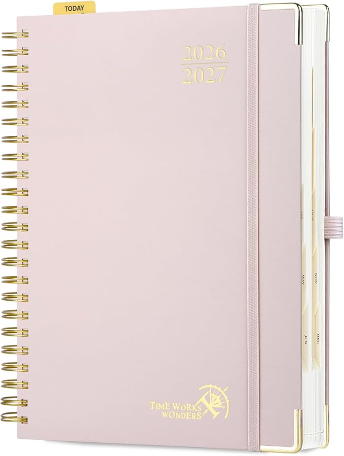 POPRUN 2026-2027 Daily Planner One Page Per Day, Large Size 8.5" x 12", Daily Calendar Book with July 2026 to June 2027, Academic Hardcover Appointment Book with Hourly Time Slots, Spiral Bound, Monthly Tabs - Light Pink