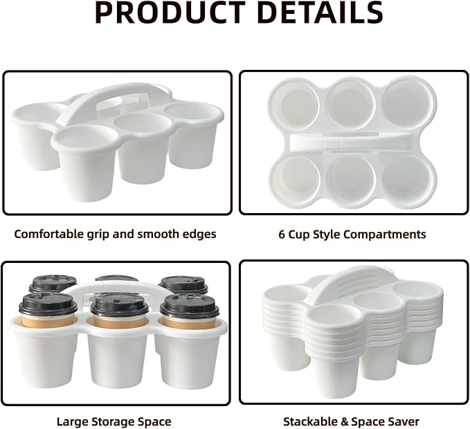 RAUVOLFIA 6 Pack Classroom Caddy Storage Basket with Handle, Plastic Drink Cup Caddy Holder, 6 Compartments for Kids, Table, Office, Arts, Crafts, Crayon, Marker, Pencil, School Supplies (White)