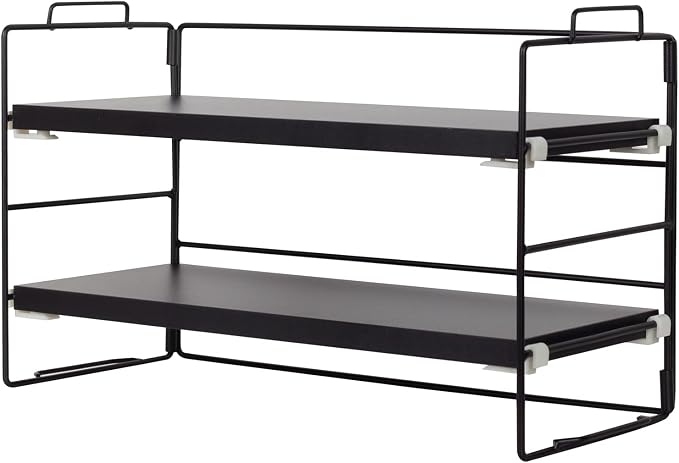 PowerKing Desk Shelf Organizer, 2-Tier Desktop Shelves with Wood Board, Adjustable Bookshelf Storage Rack for Home Office School Study Room (Black Frame + Brown Wood)