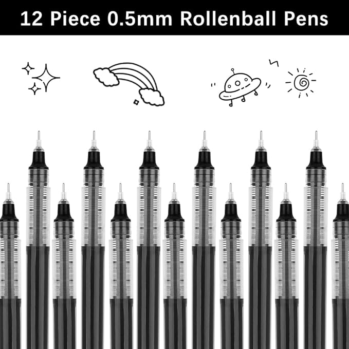 Black Pens for School Back to School Pens Liquid Ink Rollerball Pen Black Fine Tip Pen 12 PCS Extra Fine Point Writing Pencils Pack of Pencil Black Ink 0.5 Mm Left Handed